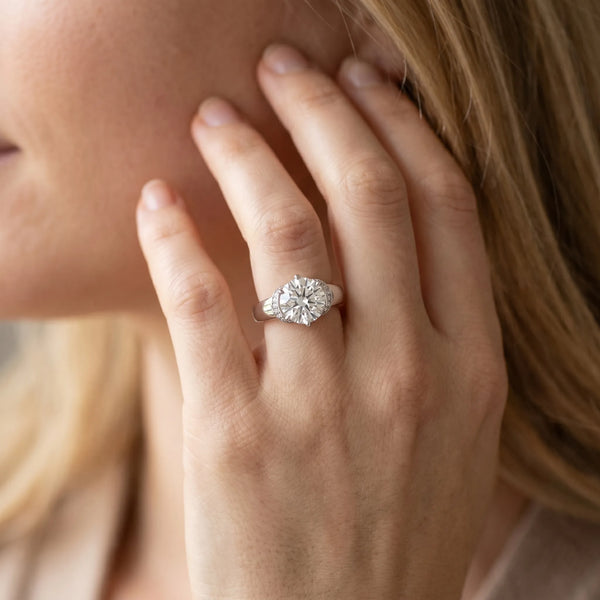 White gold Round Solitaire Diamond Ring with Pave Band and Six-Prong Setting