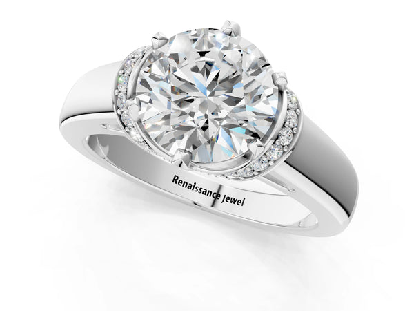 White gold Round Solitaire Diamond Ring with Pave Band and Six-Prong Setting