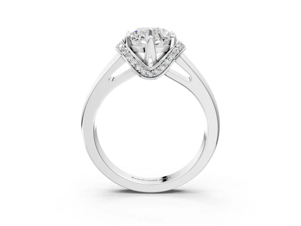 White gold Round Solitaire Diamond Ring with Pave Band and Six-Prong Setting