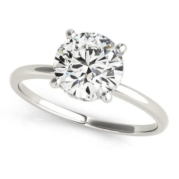 White gold Round Solitaire Diamond Ring with Prong Setting and Plain Band