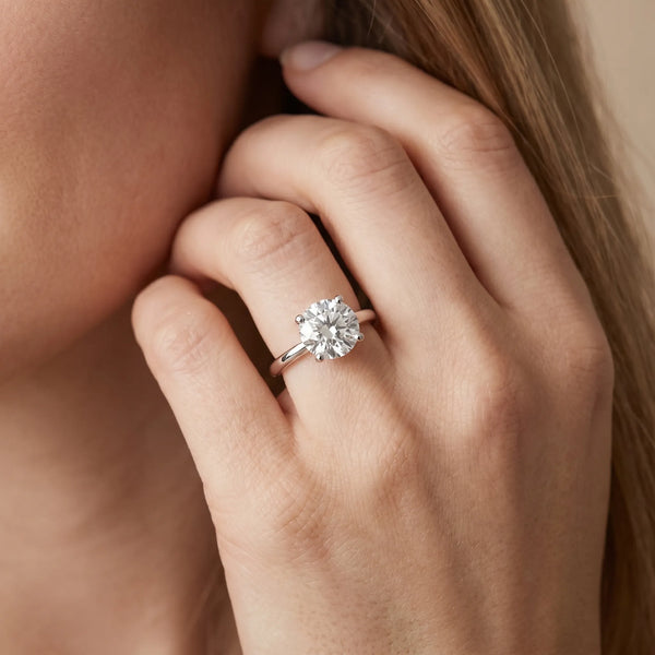 White gold Emerald Cut Solitaire Diamond Ring with Prong Setting and Plain Band