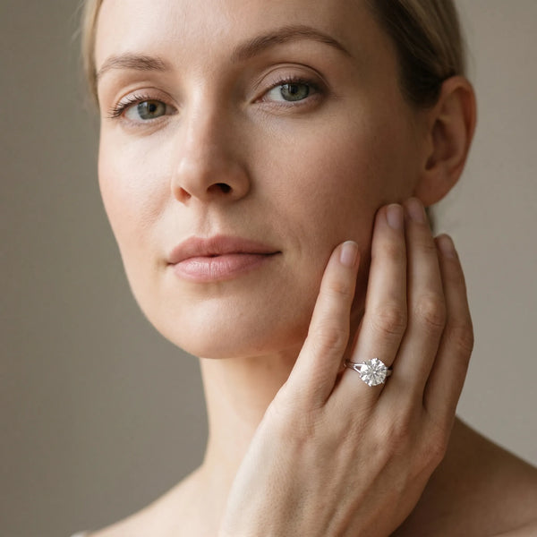White gold Round Solitaire Diamond Ring with Six-Prong Setting and Tapered Band