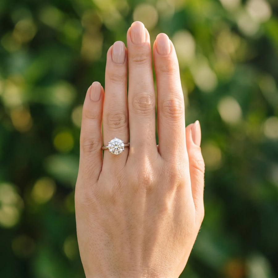 White gold Round Solitaire Diamond Ring with Six-Prong Setting on a Classic Band