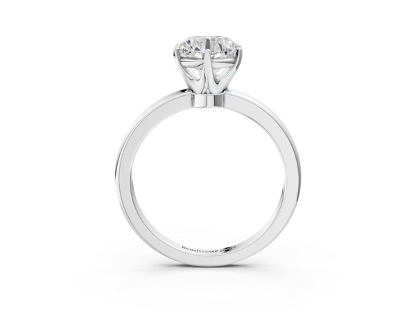 White gold Round Solitaire Diamond Ring with Six-Prong Setting on a Classic Band
