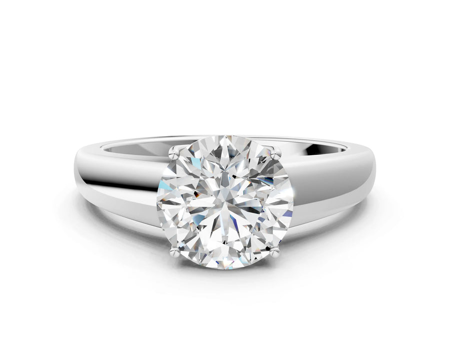 White gold Round Solitaire Diamond Ring with Tapered Band and Four-Prong Setting