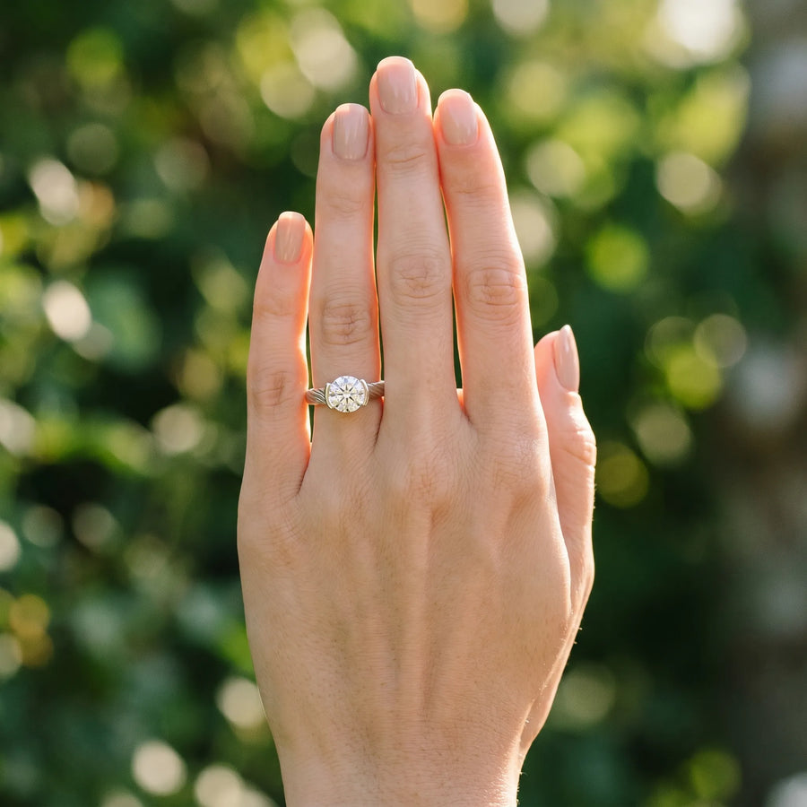 White gold Round Solitaire Diamond Ring with Textured Band and Tension Prong Setting