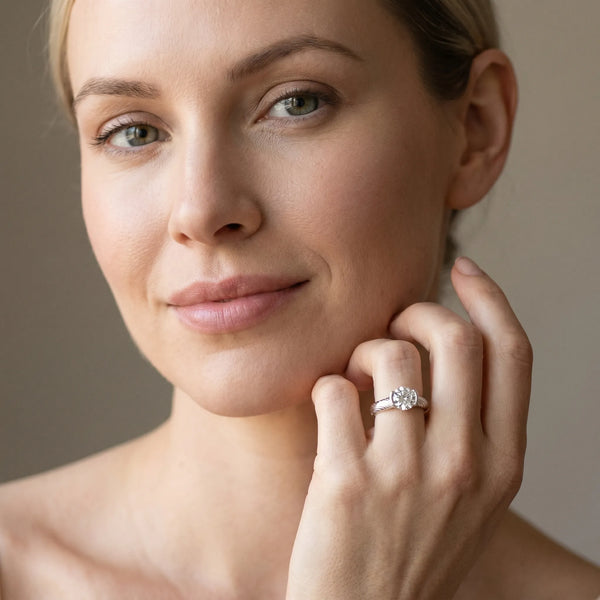 White gold Round Solitaire Diamond Ring with Textured Band and Tension Prong Setting