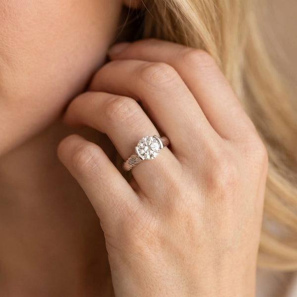 White gold Round Solitaire Diamond Ring with Textured Band and Tension Prong Setting