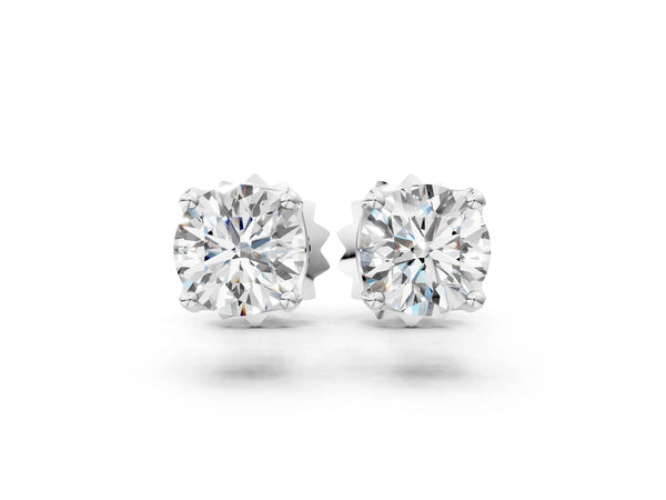 Silver Round Solitaire Diamond Stud Earrings with Four-Prong Basket Setting