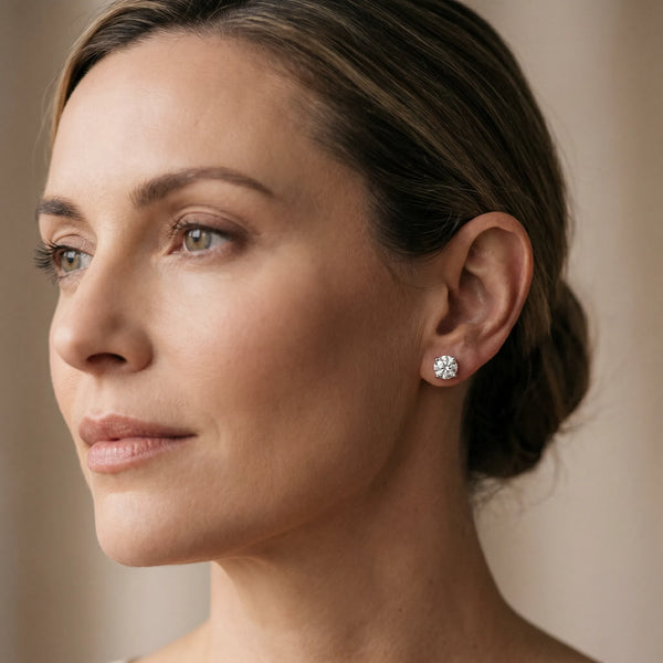 Silver Round Solitaire Diamond Stud Earrings with Four-Prong Basket Setting
