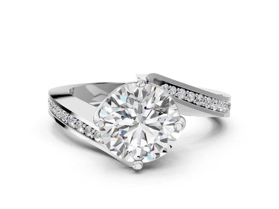 White gold Round Solitaire Diamond Twist Band with Pavé Setting and Four-Prong Setting