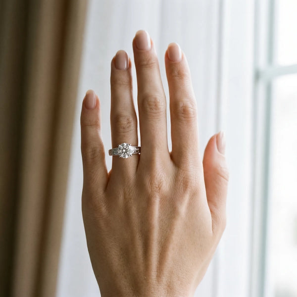 White gold Round Solitaire Diamond with Engraved Band and Four-Prong Setting