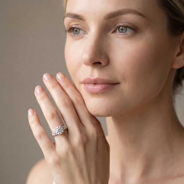 White gold Round Solitaire Diamond with Engraved Band and Four-Prong Setting