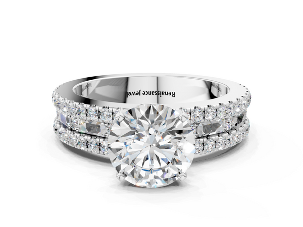 14K White Gold 1.01 Carat E VS1 Round Diamond Solitaire Ring with Pavé and Channel Set Band