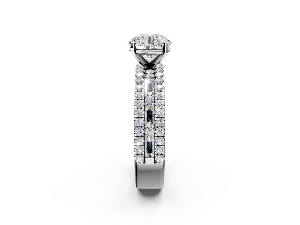 14K White Gold 1.01 Carat E VS1 Round Diamond Solitaire Ring with Pavé and Channel Set Band