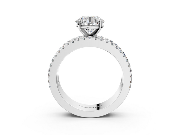 14K White Gold 1.01 Carat E VS1 Round Diamond Solitaire Ring with Pavé and Channel Set Band