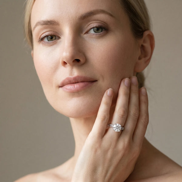 White gold Round Solitaire Engagement Ring with Scrollwork Band and Four-Prong Setting