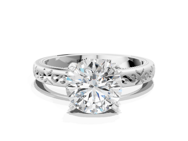 White gold Round Solitaire Engagement Ring with Scrollwork Band and Four-Prong Setting
