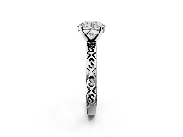 White gold Round Solitaire Engagement Ring with Scrollwork Band and Four-Prong Setting