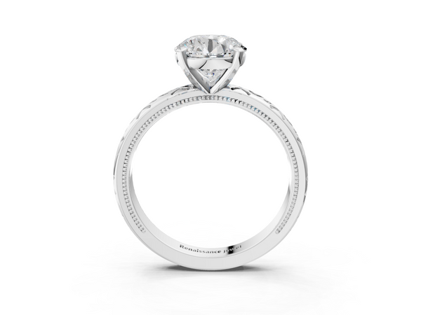 White gold Round Solitaire Engagement Ring with Scrollwork Band and Four-Prong Setting