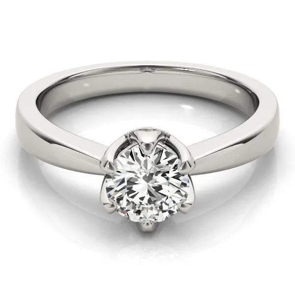 White gold Round Solitaire Engagement Ring with Six-Prong Setting and Tapered Band