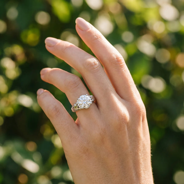 White gold Round Solitaire Filigree Engagement Ring with Halo and Prong Setting