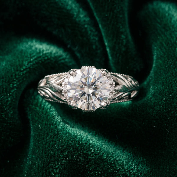 White gold Round Solitaire Filigree Engagement Ring with Halo and Prong Setting