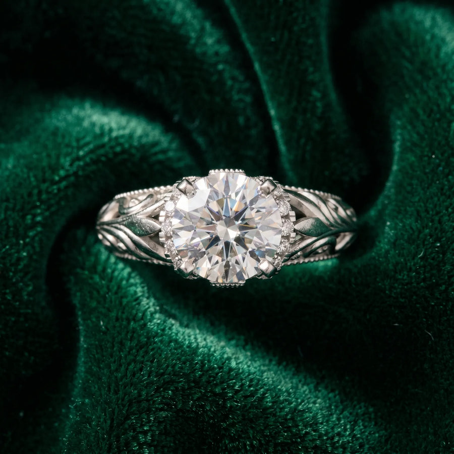 White gold Round Solitaire Filigree Engagement Ring with Halo and Prong Setting