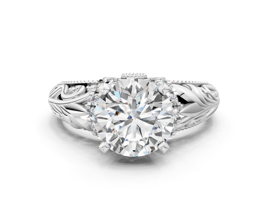 White gold Round Solitaire Filigree Engagement Ring with Halo and Prong Setting