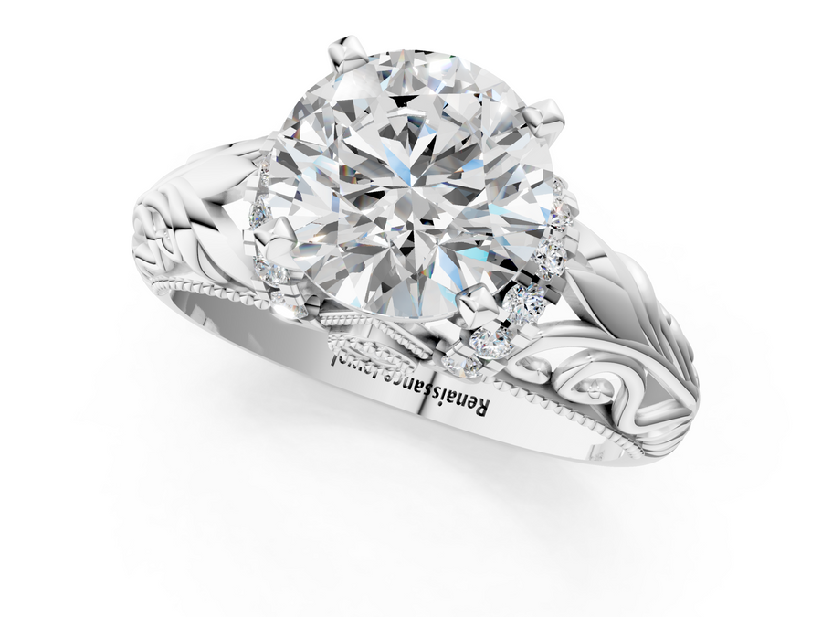 White gold Round Solitaire Filigree Engagement Ring with Halo and Prong Setting