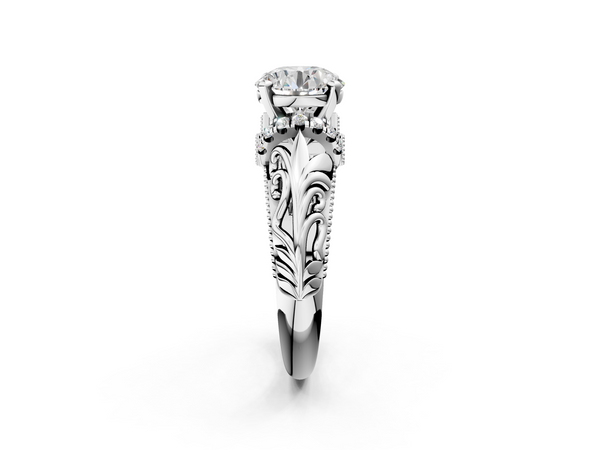 White gold Round Solitaire Filigree Engagement Ring with Halo and Prong Setting