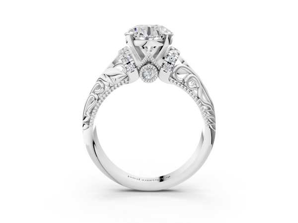 White gold Round Solitaire Filigree Engagement Ring with Halo and Prong Setting