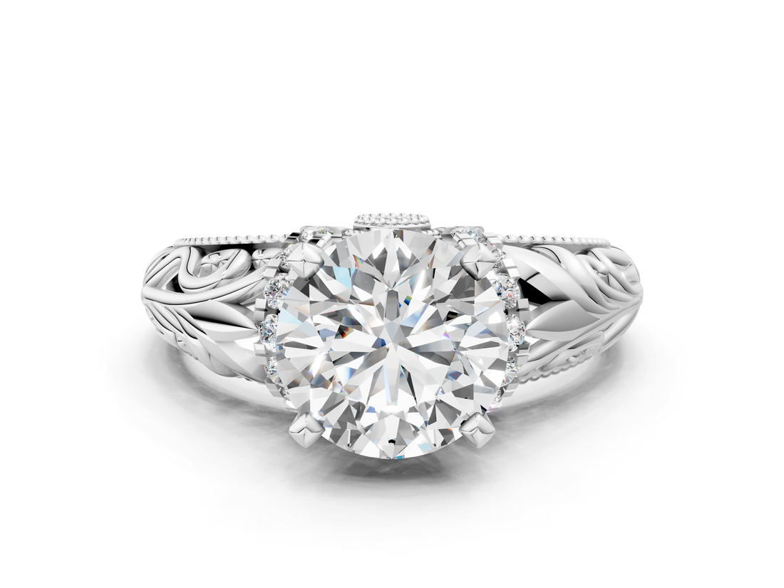 White gold Round Solitaire Filigree Engagement Ring with Halo and Prong Setting_88