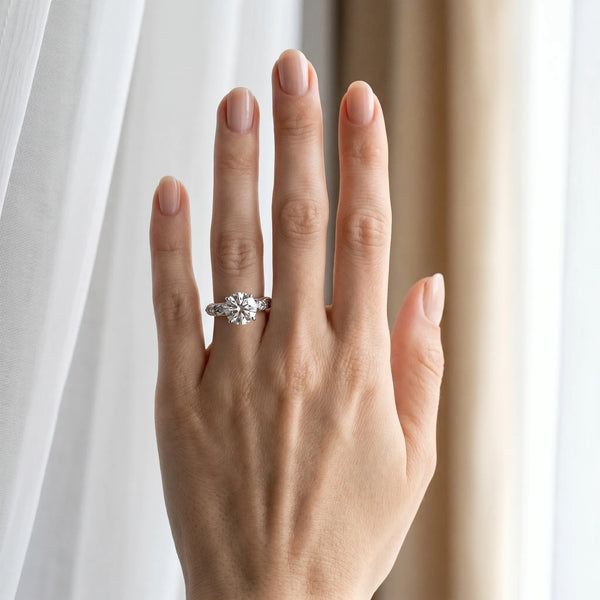White gold Round Solitaire Floral Milgrain Engagement Ring
