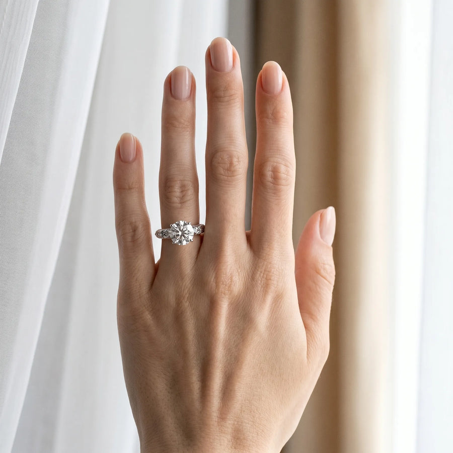 White gold Round Solitaire Floral Milgrain Engagement Ring
