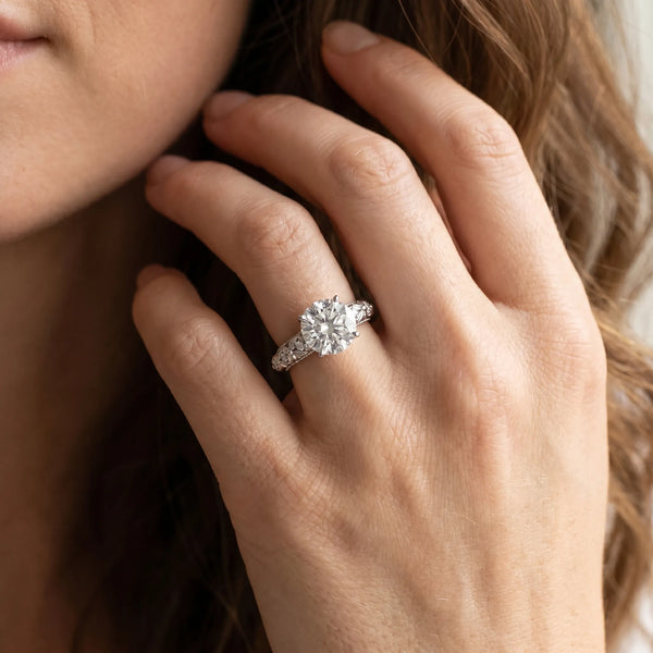 White gold Round Solitaire Floral Milgrain Engagement Ring