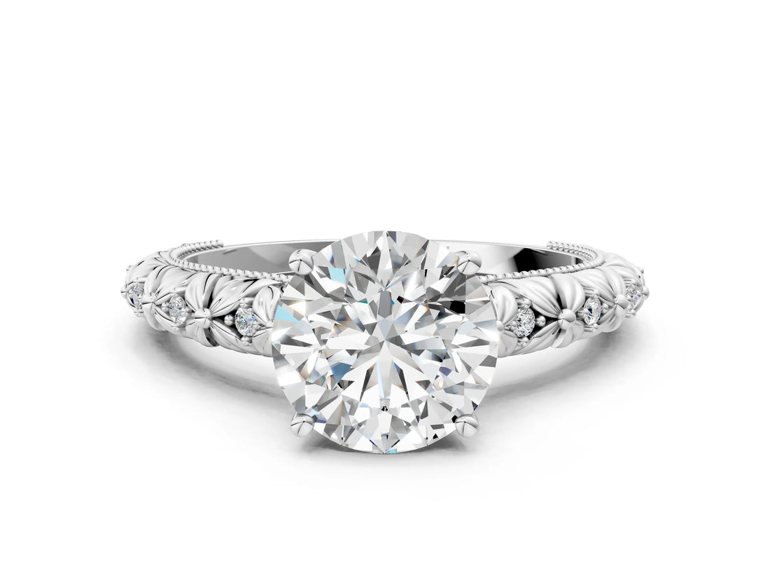 White gold Round Solitaire Floral Milgrain Engagement Ring_43