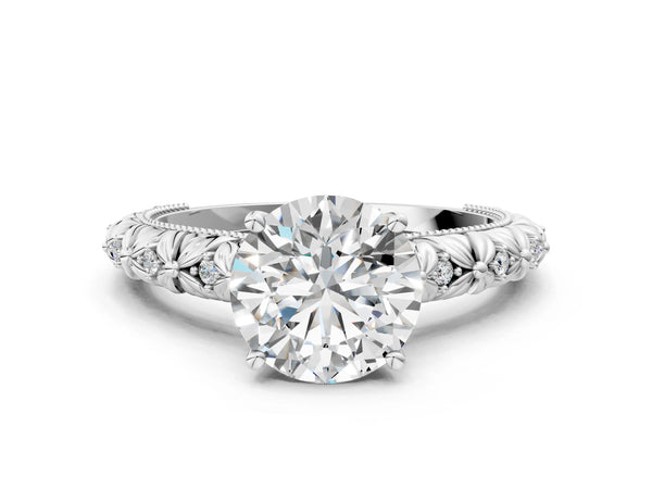 White gold Round Solitaire Floral Milgrain Engagement Ring