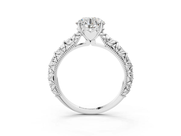 White gold Round Solitaire Floral Milgrain Engagement Ring