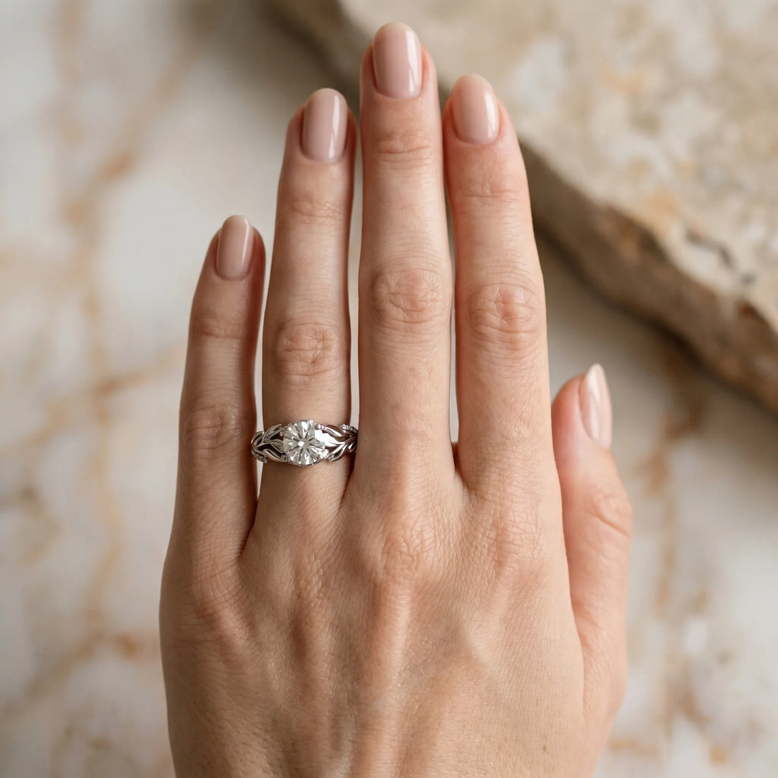 White gold Round Solitaire Leaf-Inspired Engagement Ring with Prong Setting_21