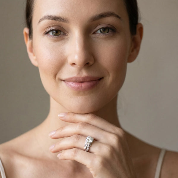 Platinum Round Leaf Bypass Engagement Ring Setting with Pave Leaf Panels