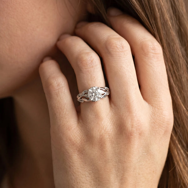 White gold Round Solitaire Leaf-Inspired Engagement Ring with Prong Setting
