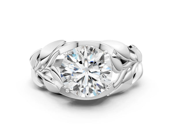 White gold Round Solitaire Leaf-Inspired Engagement Ring with Prong Setting