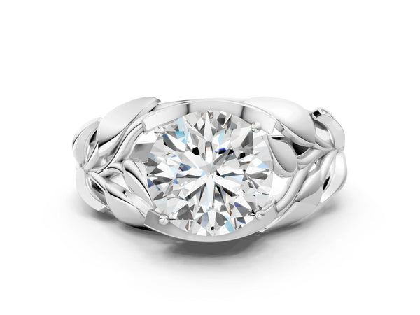 White gold Round Cut Diamond Leaf-Inspired Engagement Ring with Round Accents and Prong Setting