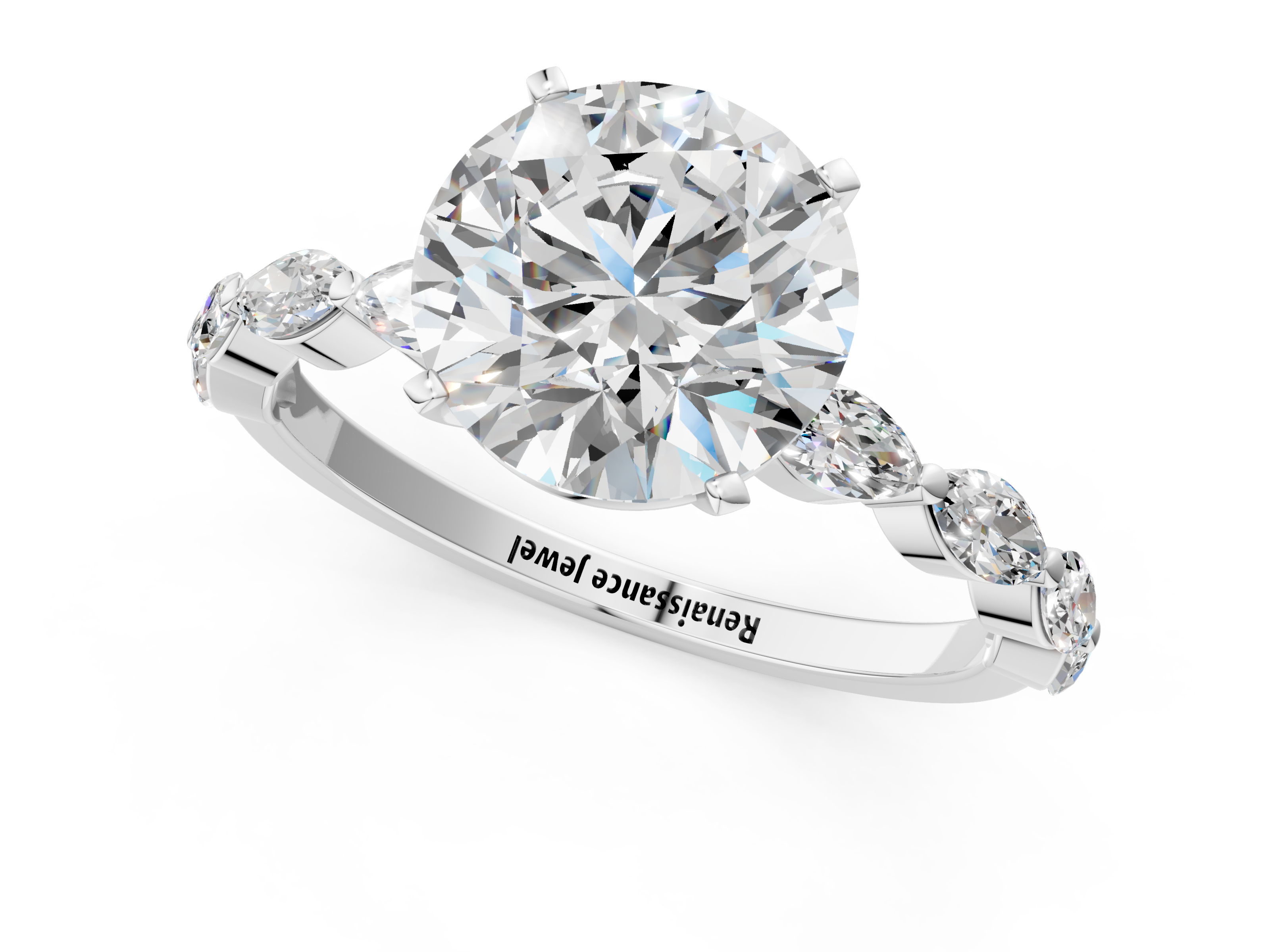 White gold Round Solitaire Marquise Side Stone Prong Setting Ring_73