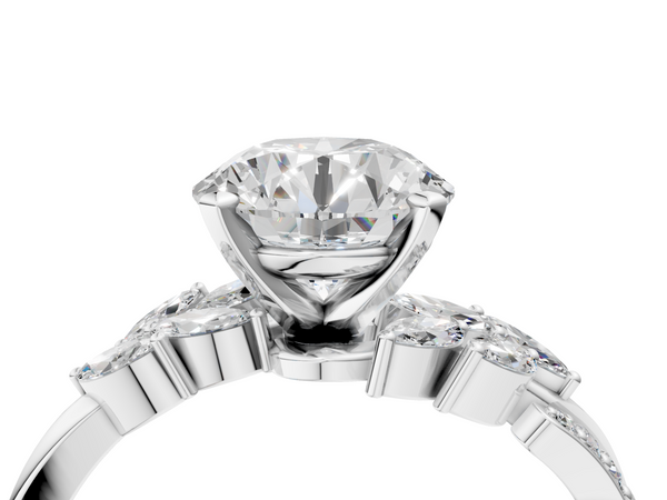 Sterling Silver Round Floral Engagement Ring Setting with Marquise Side Stones