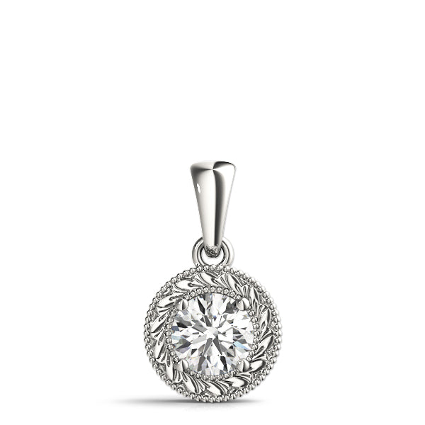 White gold Round Solitaire Milgrain Bezel Pendant 1