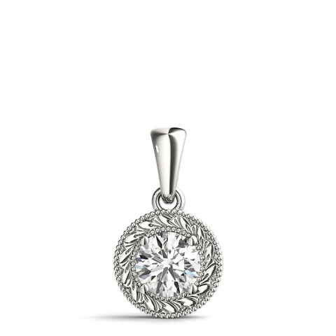 White gold Round Solitaire Milgrain Bezel Pendant 1