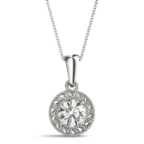 White gold Round Solitaire Milgrain Bezel Pendant