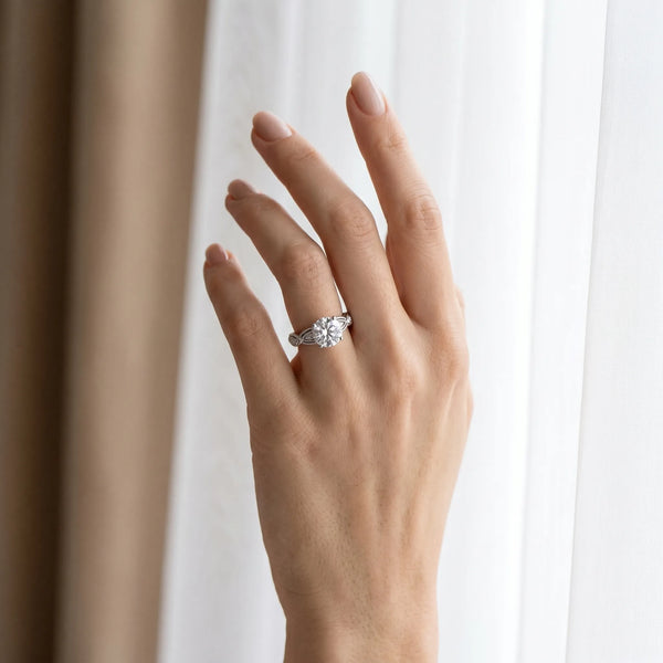 White gold Round Solitaire Milgrain Diamond Engagement Ring with Bezel and Marquise Band